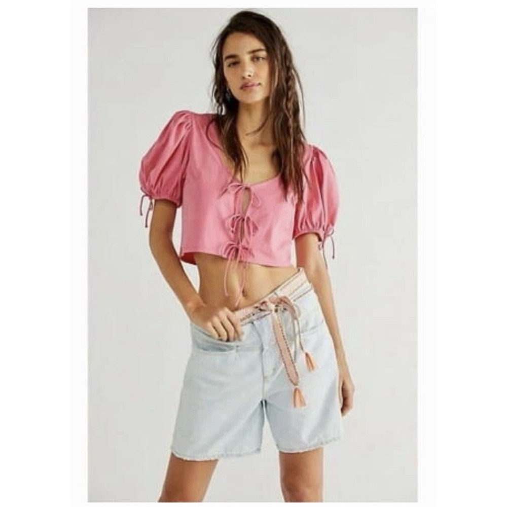 FREE PEOPLE Top Women's Sz Small Kitty Puff Sleeve Crop Top Ties Pink‎ #FFF10-2